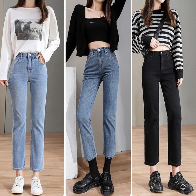 Quần jean nữ ống đứng dáng lửng co giãn cao cấp phong cách Hàn Quốc, quần bò nữ ống ngắn suông có co giãn CHERRY T029