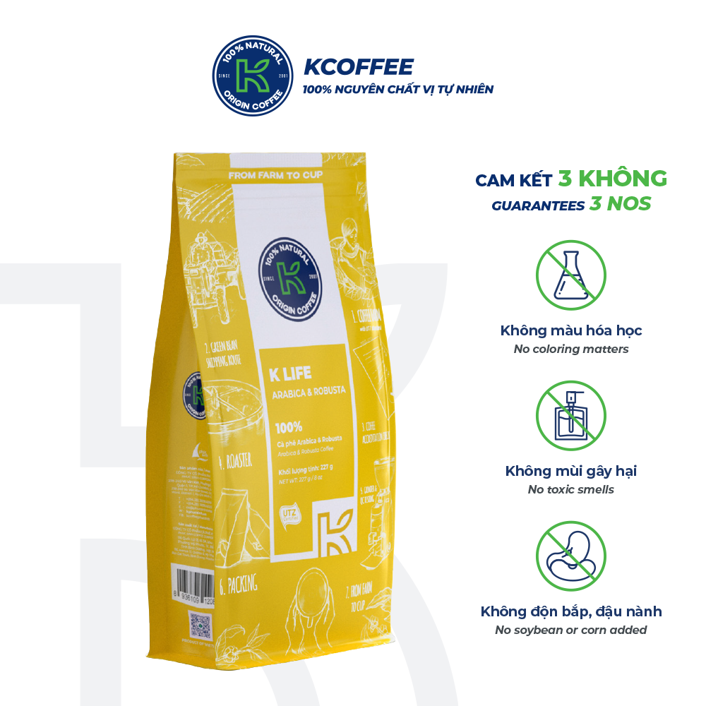 Cà phê rang xay 100% nguyên chất Robusta Arabica xuất khẩu K-Life thương hiệu K Coffee (227g/gói)