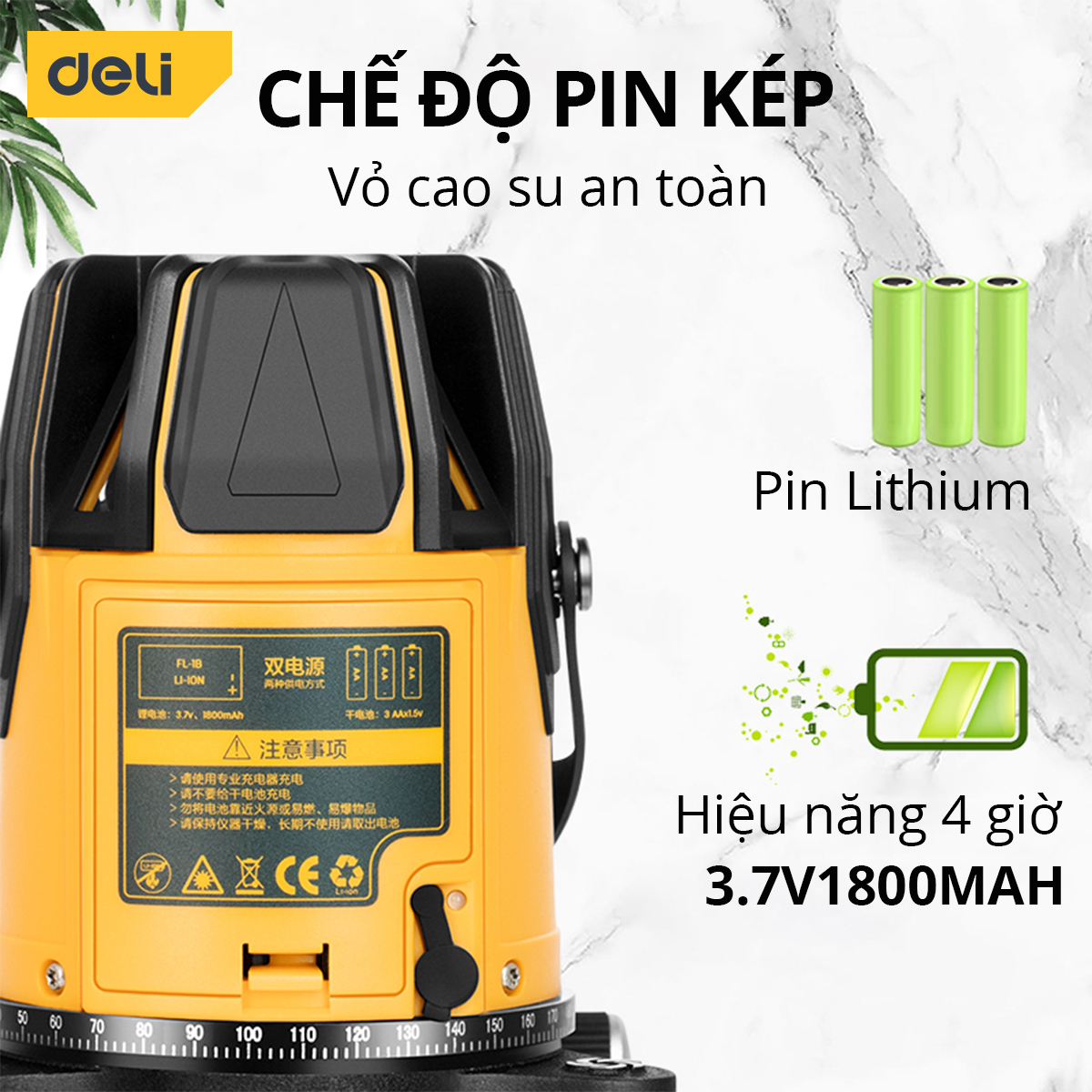 Máy Cân Bằng Laser 5 Tia Màu Xanh DELI - Chế Độ Pin Kép, Chống Nước, Chống Bụi - Đầy Đủ Phụ Kiện - DL4163