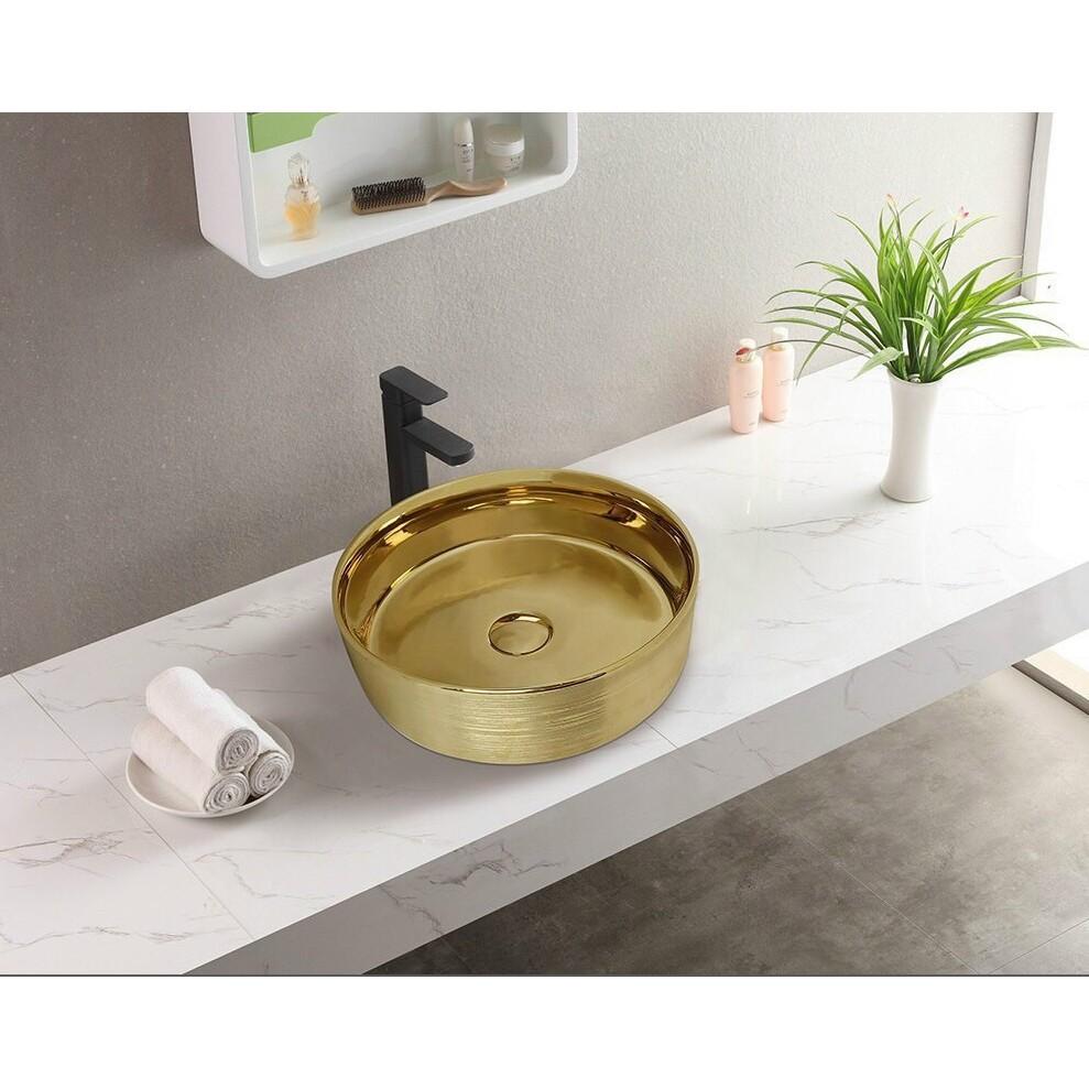 Chậu sứ lavabo để bàn kiểu tròn màu vàng óng phong cách hoàng gia