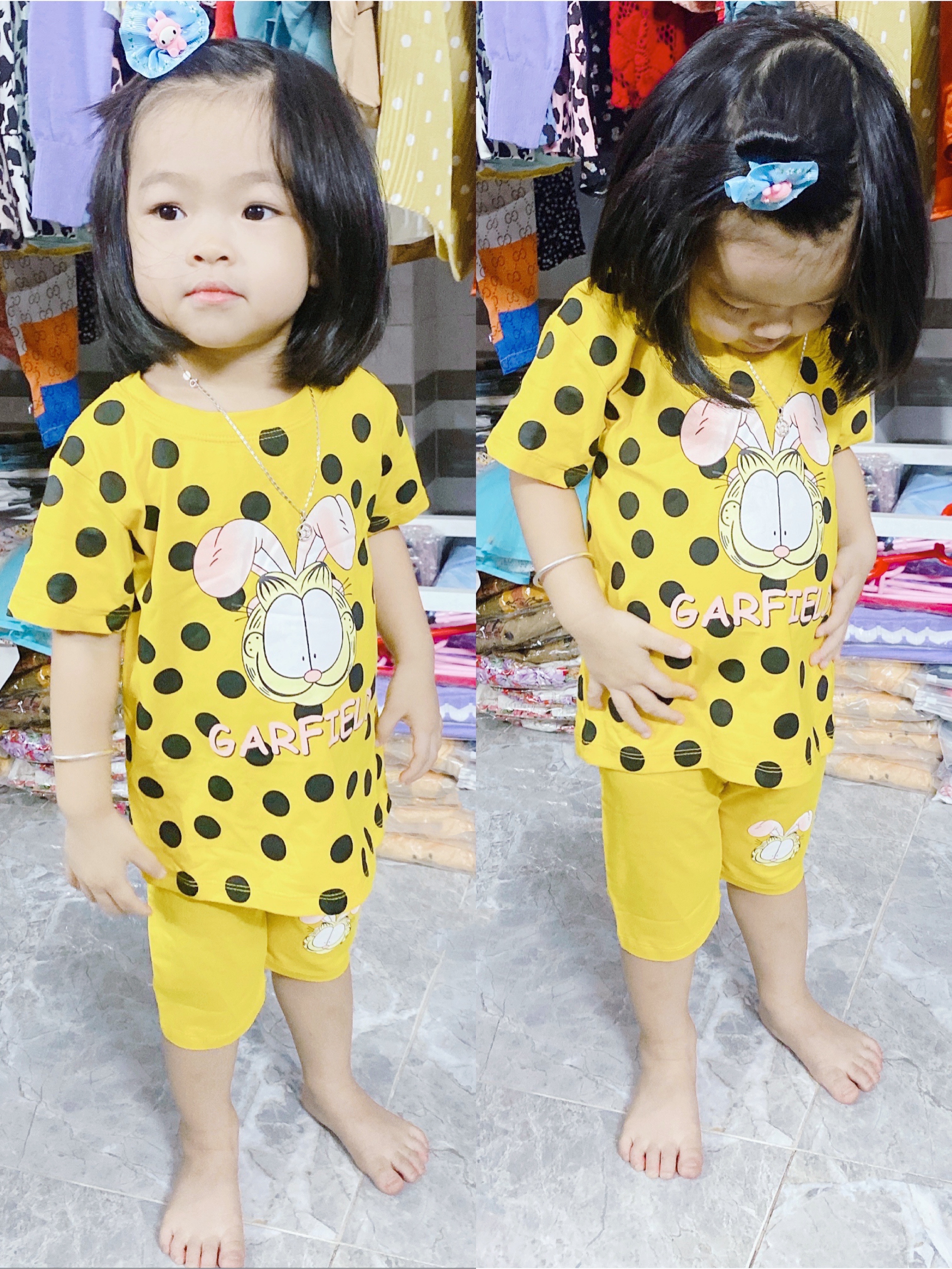 Bộ Bé Gái Thỏ Chấm Bi Đen Vàng, Size 12-30Kg, 1-8 Tuổi Áo Quần Bé Dễ Thương SUMI Chính Hãng
