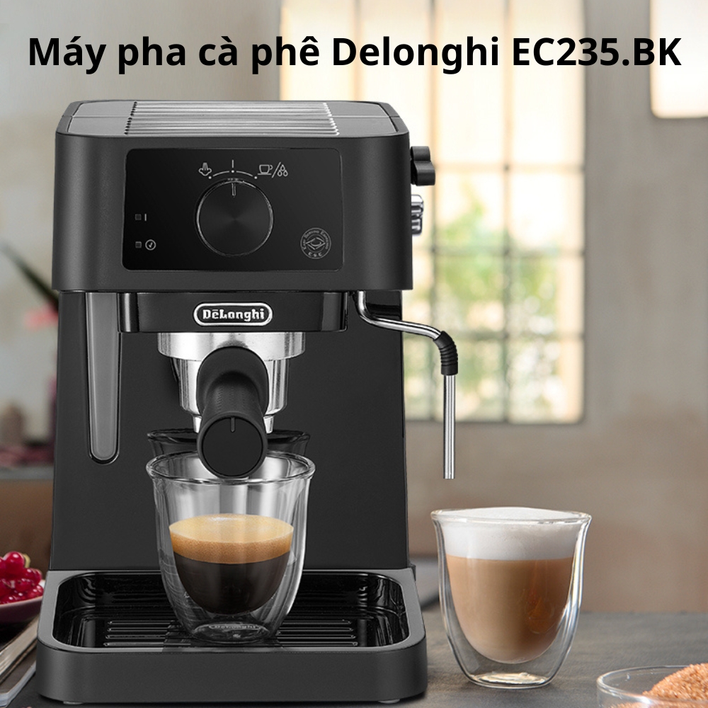 Máy pha cà phê Espresso Delonghi EC235.BK Công suất 1100W dung tích 1L pha Espresso đánh bọt sữa capuchino, latte - Hàng nhập khẩu