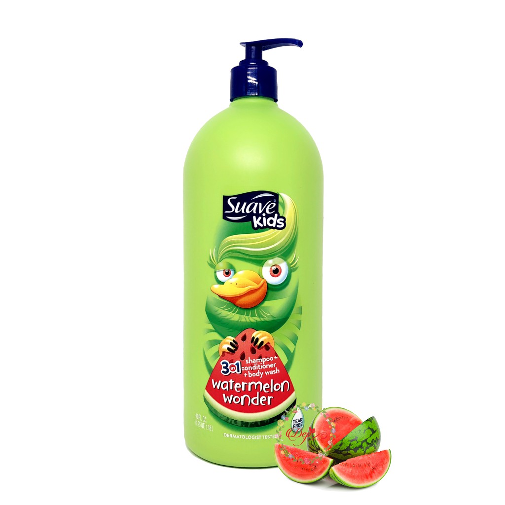 Gội xả tắm Suave Kids  hương dưa hấu WATERMELON WONDER 3 IN 1 SHAMPOO, CONDITIONER &amp; BODY WASH 40FL.OZ/1.18L