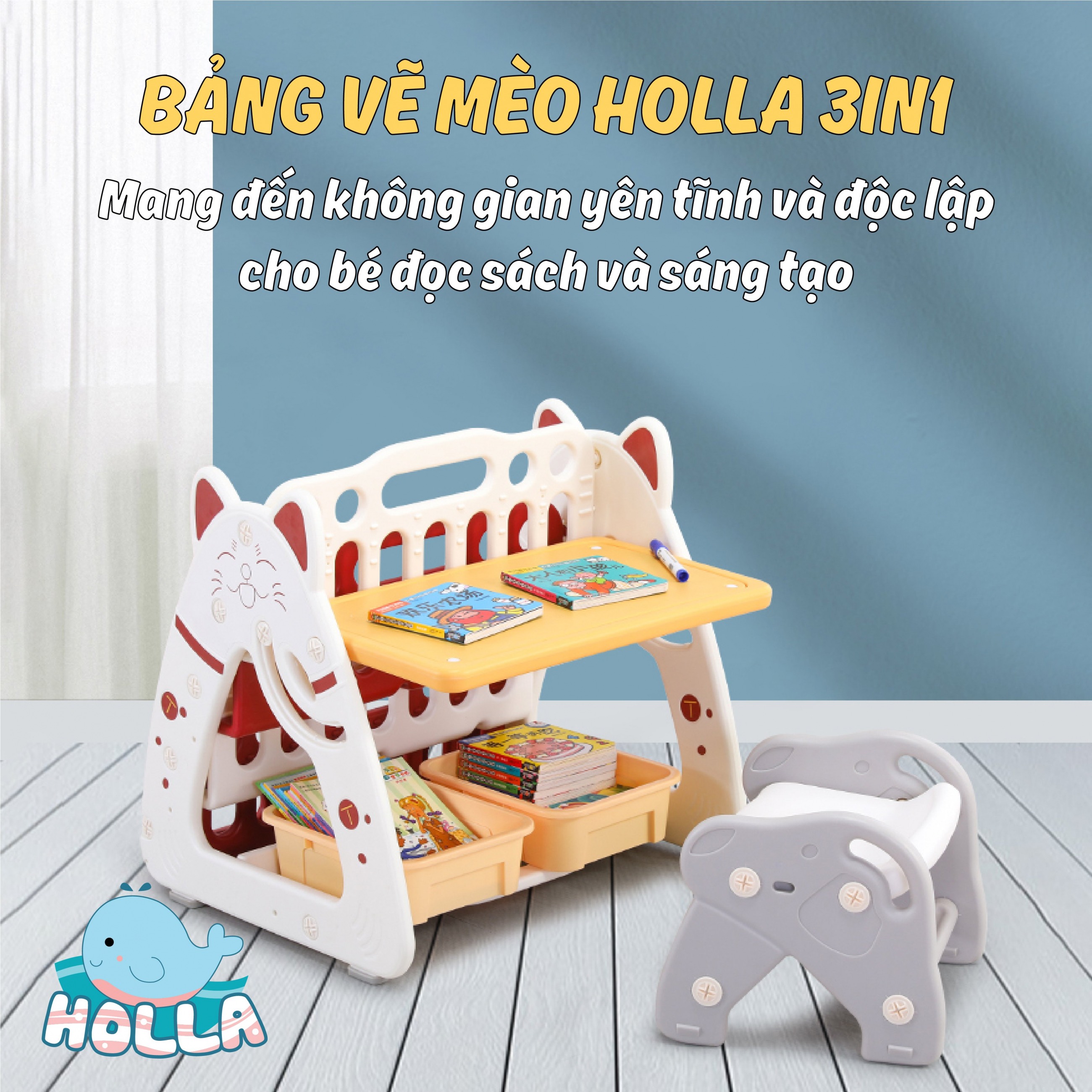 Bảng Vẽ Bàn Học Giá Sách Mèo Holla Cho Bé 1-7 Tuổi - Tặng Kèm Ghế