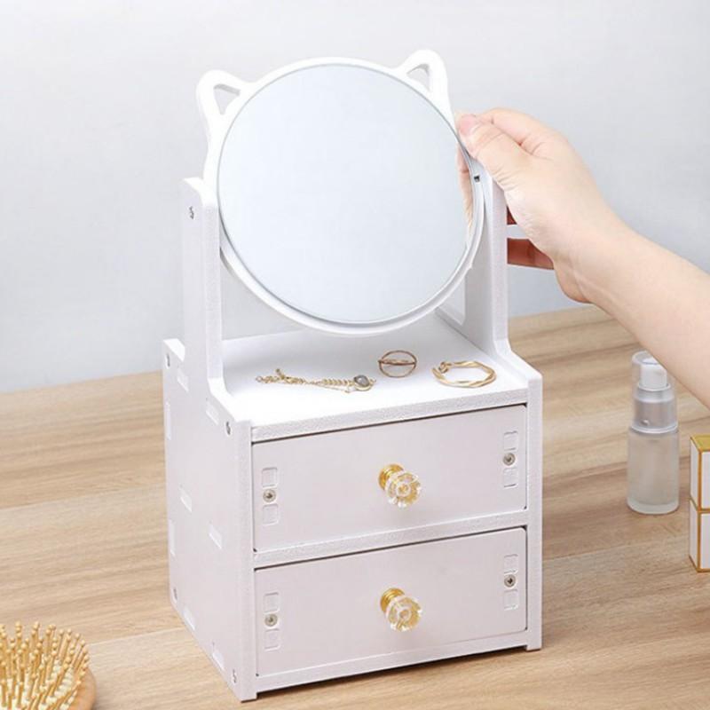 Kệ đựng mỹ phẩm mini màu trắng để bàn 2 ngăn kéo có gương tai mèo để đồ trang điểm ngăn nắp tiện lợi