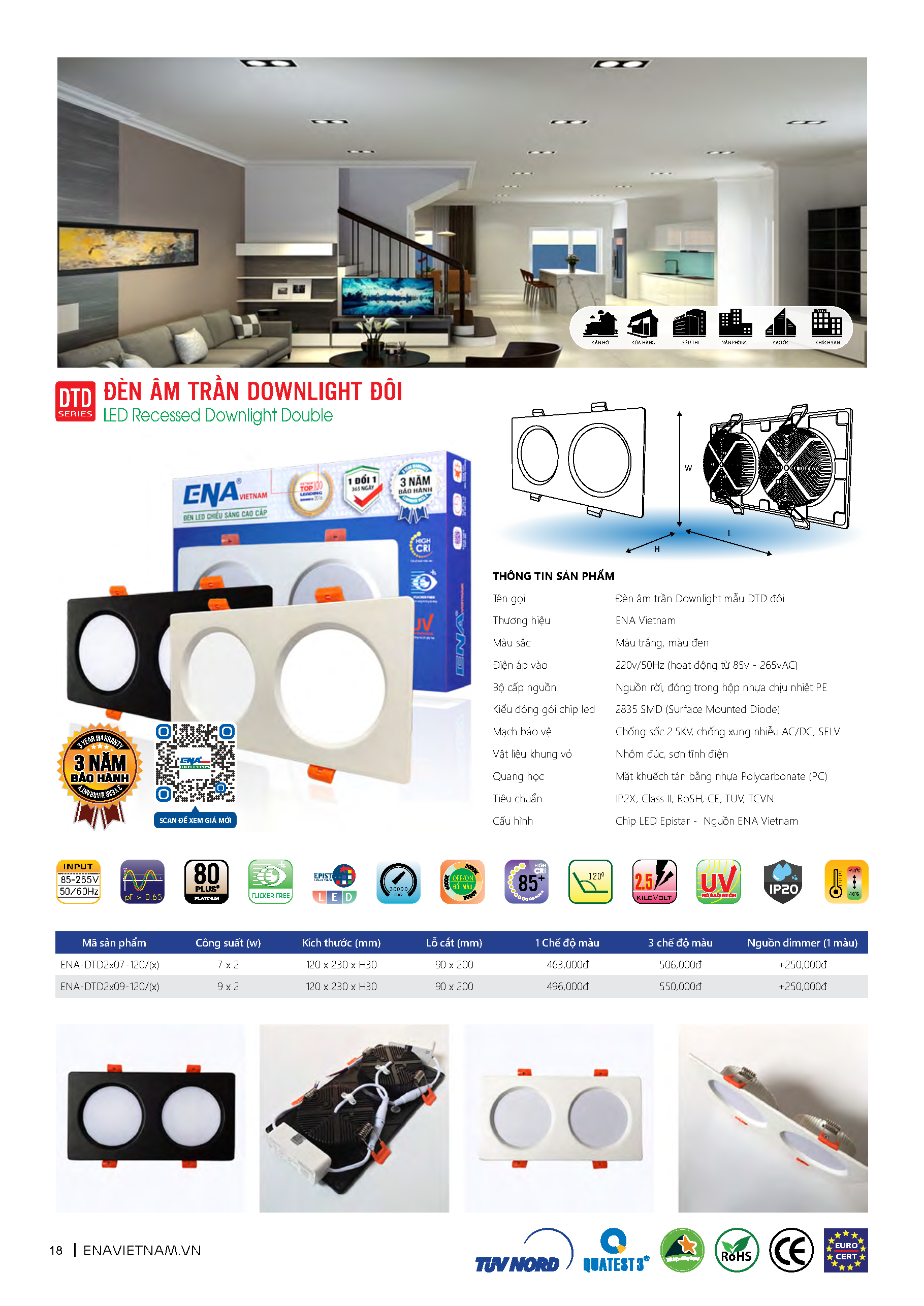 Đèn LED ENA âm trần đôi downlight DTD công suất 7Wx2 9Wx2 vỏ trắng vỏ đen