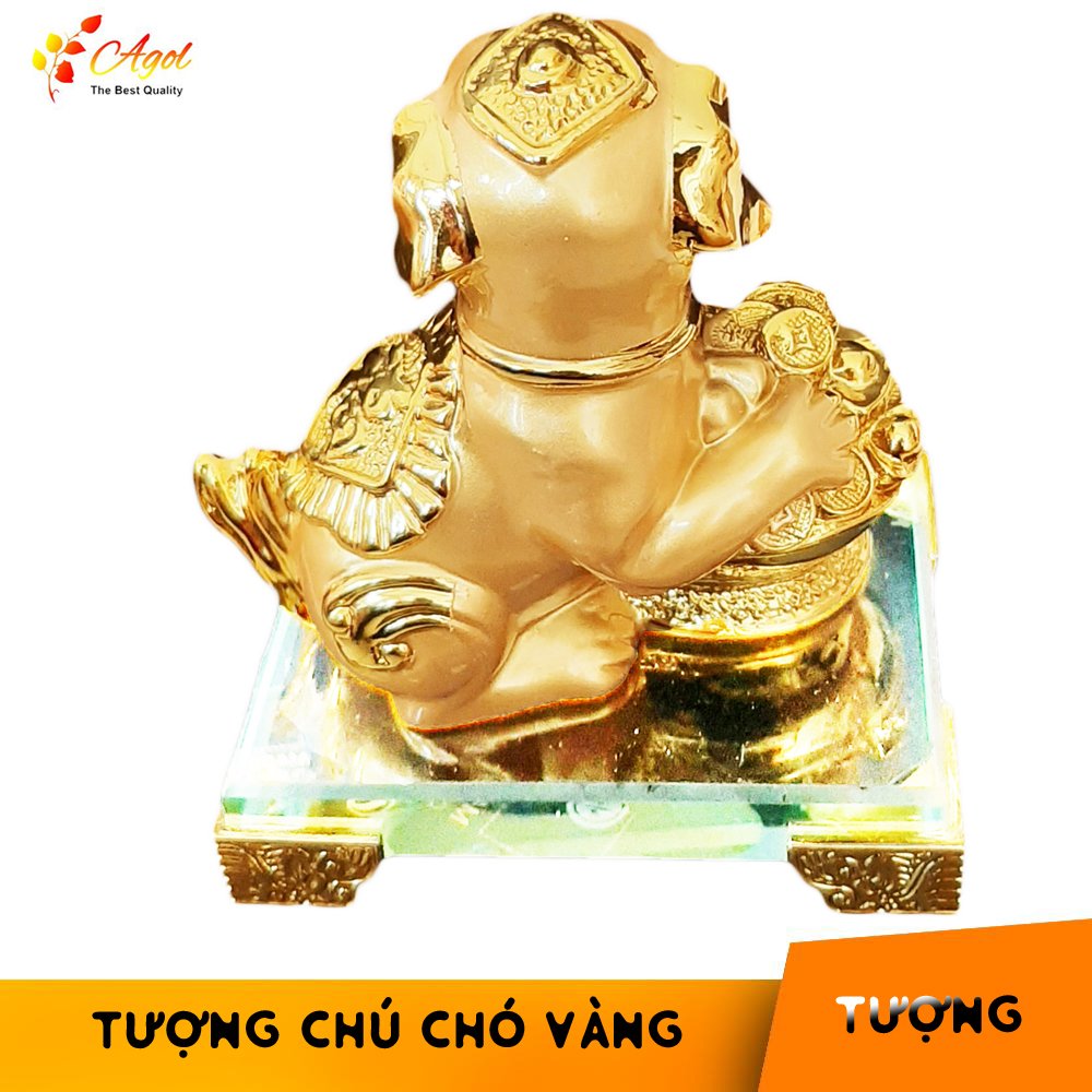 TƯỢNG CHÚ CHÓ VÀNG ĐẾ THỦY TINH CAO CẤP - Linh Khuyển Phú Quý