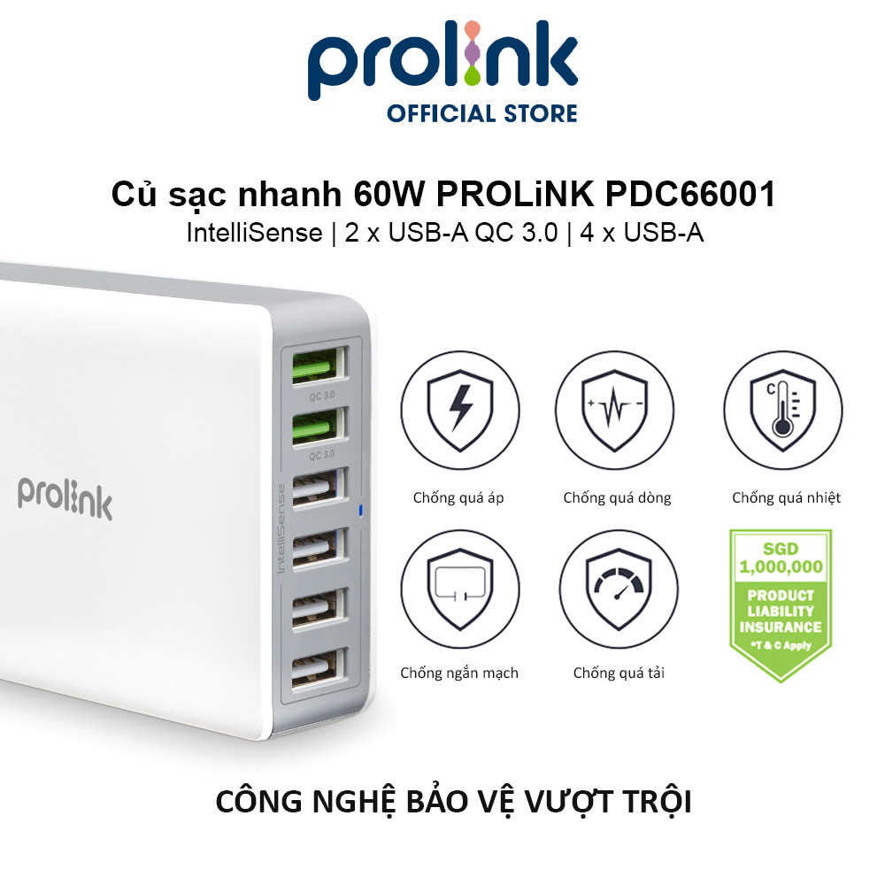 Củ sạc nhanh 60W PROLiNK PDC66001, 6 cổng 2xUSB-A QC 3.0 &amp; 4xUSB-A, IntelliSense, sạc điện thoại, máy tính bảng, laptop - Hàng chính hãng