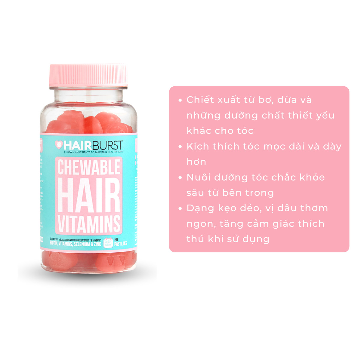 Combo set gội xả + kẹo dẻo Chewable HAIRBURST kích thích mọc tóc, chắc khỏe 350ml/chai + 60v/lọ