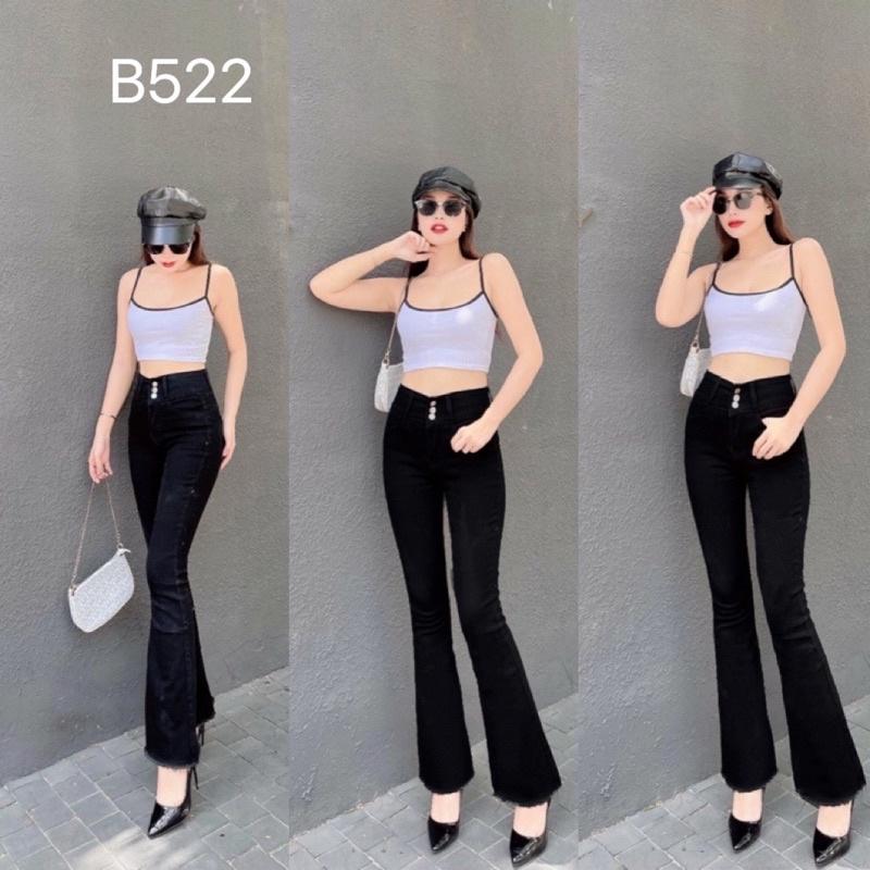 Quần Jeans Nữ Ống Loe Dài Màu Đen Lưng Cao Lai Tua