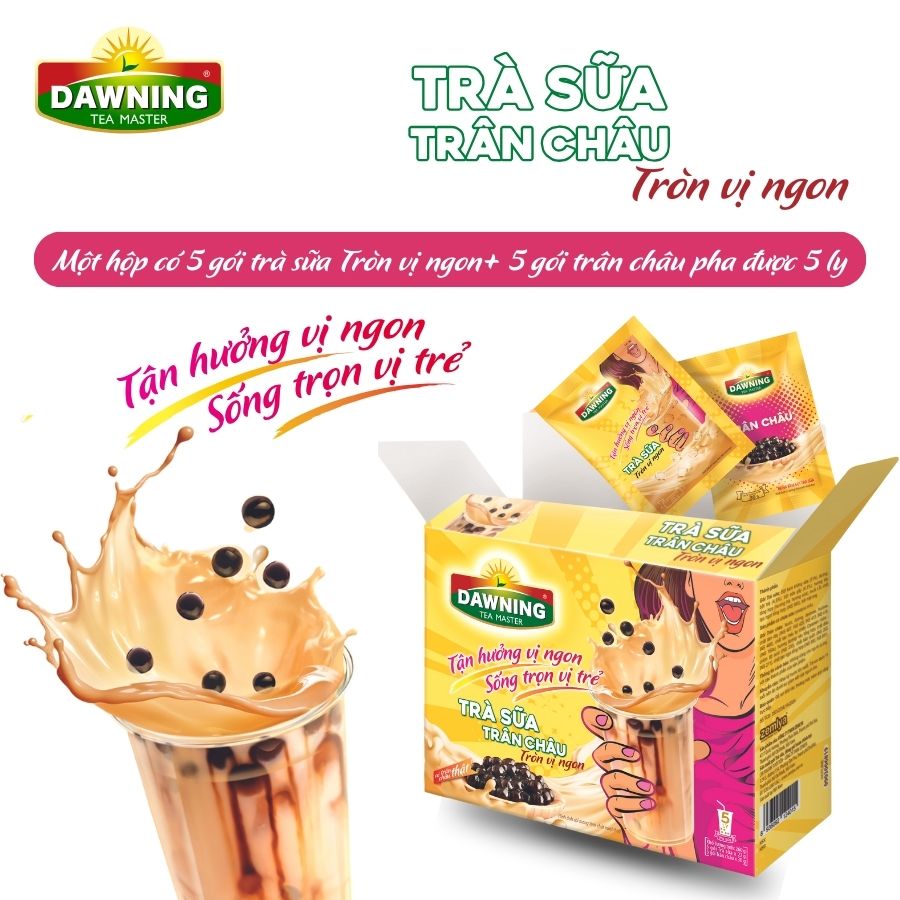 Combo 5 Hộp Trà sữa trân châu DAWNING Tròn vị ngon, thơm trà, tan đá vẫn ngon đậm đà 260g/hộp