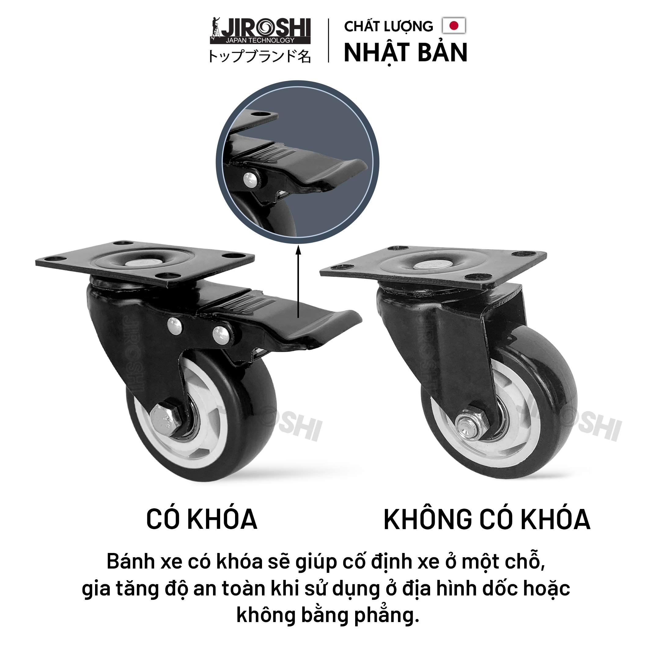 Bánh xe đẩy hàng có bạc đạn và khóa JIROSHI Nhật Bản , Bánh xe nhựa PVC có tải trọng lớn