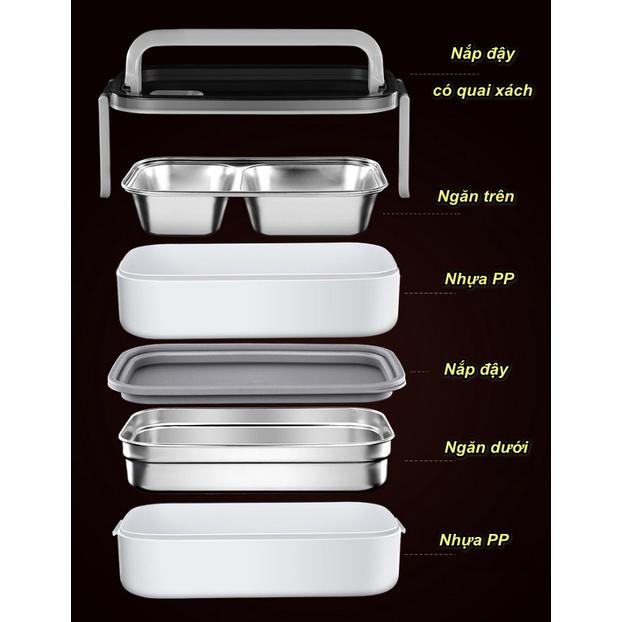 Hộp cơm 3 ngăn 2 tầng inox 304 SUS thép không gỉ dành cho văn phòng + Tặng kèm túi cách nhiệt 3 lớp - Home and Garden