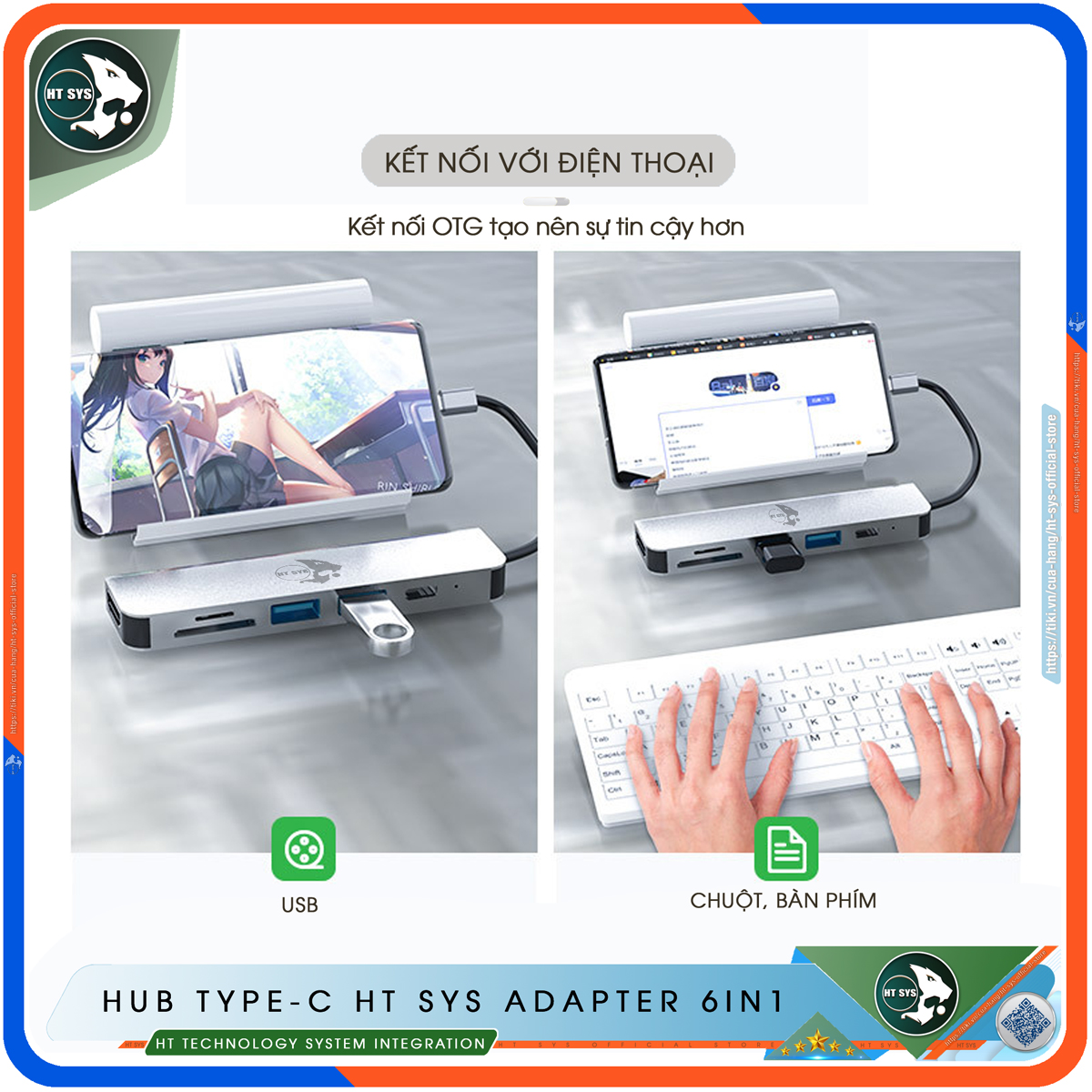 Hub Type C To HDMI HT SYS 6in1 Chuẩn HDTV - Hub Chuyển Đổi USB Type-C 6 Cổng - HDMI 4K, USB 3.0, Sạc Nhanh Type C PD, Khe Đọc Thẻ SD/TF - Kết Nối Tốc Độ Cao - Dành Cho MacBook, Tivi, Laptop, PC, Máy Tính Bảng, Smartphone – Hàng Chính Hãng