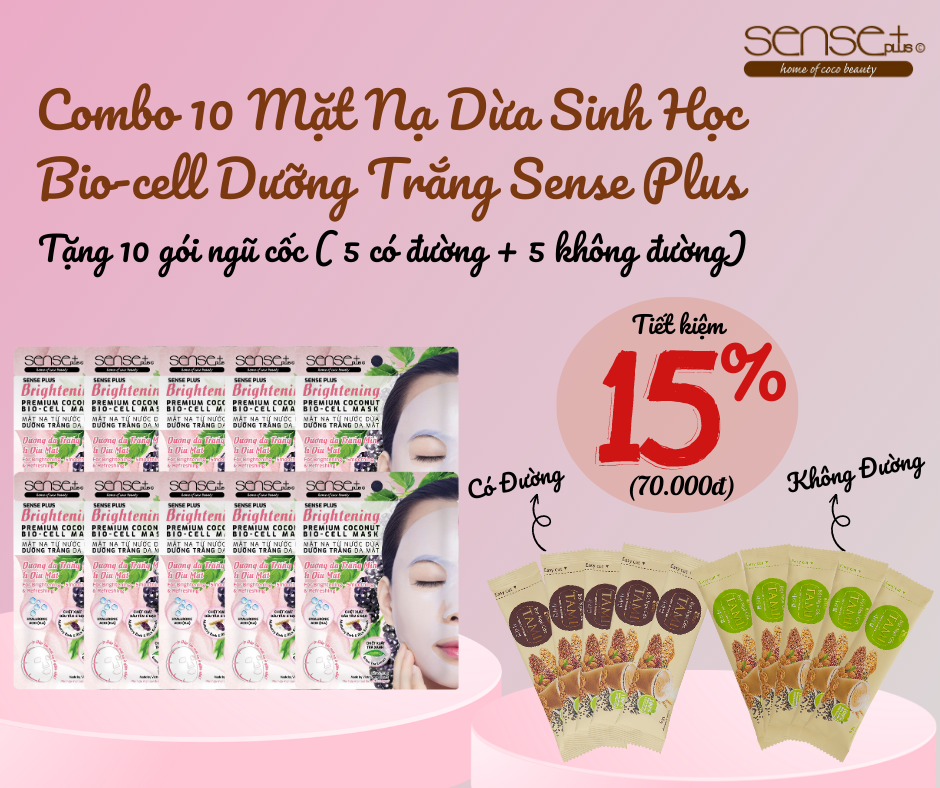 COMBO 10 MẶT NẠ BIO-CELL DƯỠNG TRẮNG SENSE PLUS TẶNG 10 GÓI BỘT NGŨ CỐC