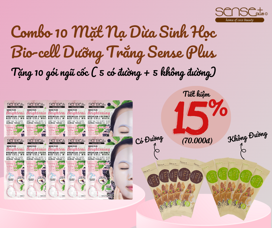 COMBO 10 MẶT NẠ BIO-CELL DƯỠNG TRẮNG SENSE PLUS + TẶNG MẶT NẠ SỢI TRE DƯỠNG SÁNG