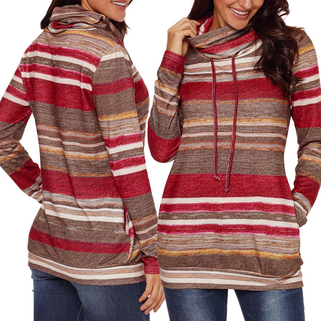 Women's Cowl Neck Striped Sweatshirt Long Sleeve Pullover Hoodie with Pocket