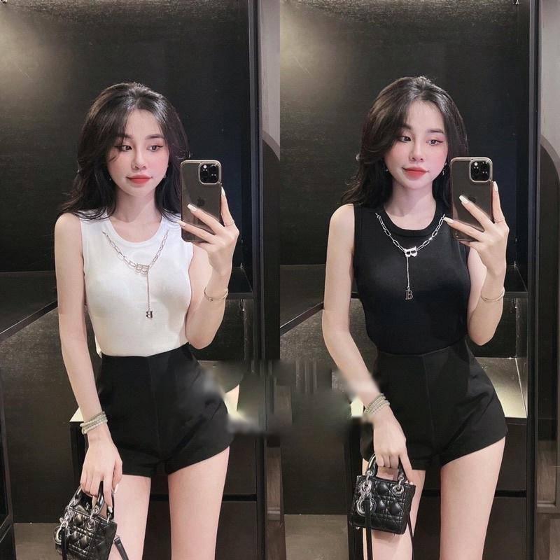 Áo len dệt kim Montoghi Quảng Châu ba lỗ MÀU TRƠN dáng vừa TẶNG KÈM VÒNG CỔ CHỮ B cực chất