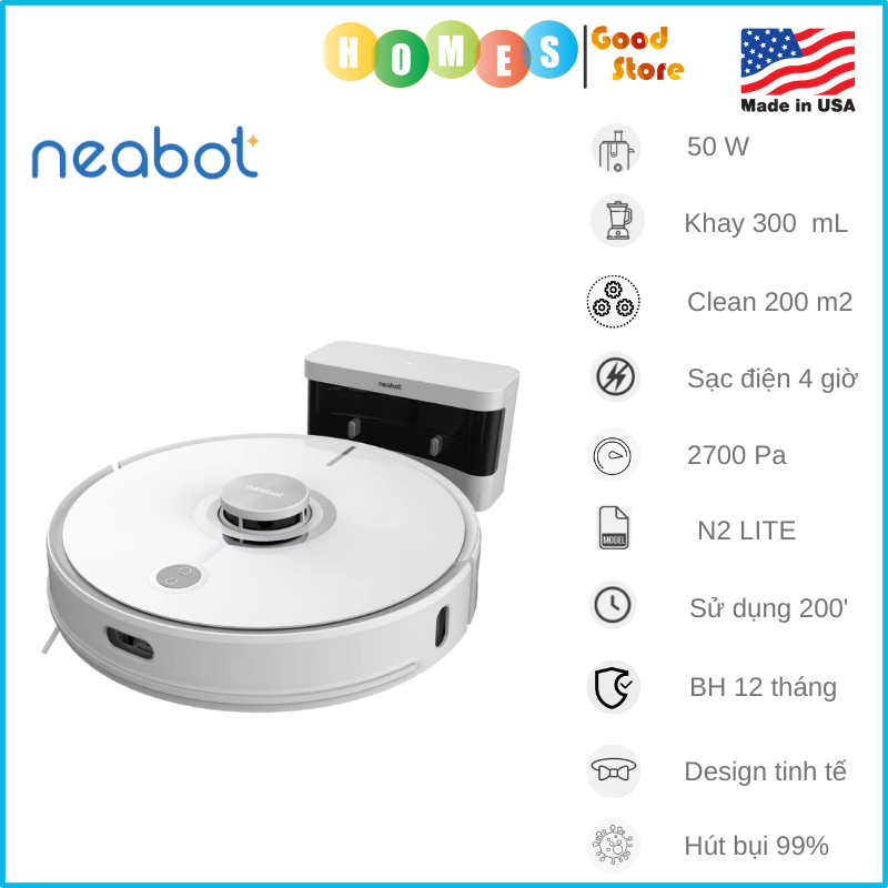 Robot Hút Bụi Lau Nhà Neabot N2 Lite - Thương Hiệu Mỹ - Điều Khiển Qua App Điện Thoại Có Trợ Lý Nói Tiếng Việt Lưu Tới 30 Bản Đồ Pin 5200 mAh Lực Hút 2700 Pa Công Suất 50 W - Hàng Chính Hãng