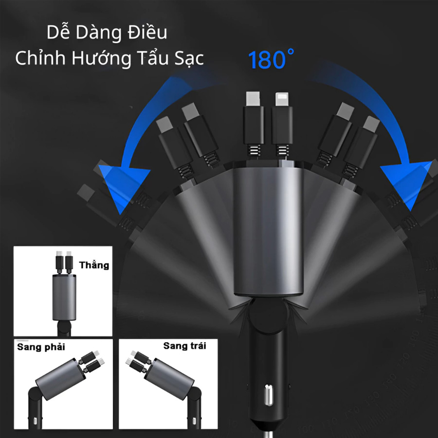 Tẩu Sạc Nhanh C1 Dây Rút Tự Động 4 in 1 USB Type-C Và Lightning Đa Năng Vỏ Hợp Kim Cao Cấp - Nhập Khẩu Chính Hãng