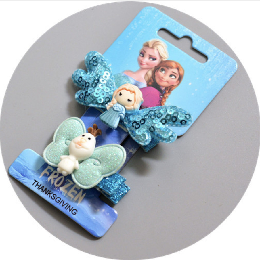 Kẹp tóc cho bé Frozen Elsa Anna hình cánh bướm Elsa đính kim tuyến - Combo 2 chiếc