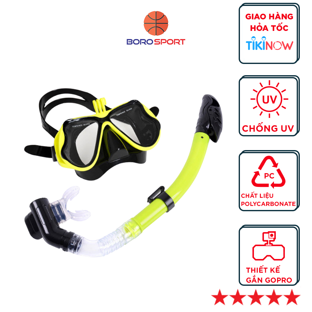 Mặt Nạ Lặn Kính Cường Lực Yesure Chất Liệu Polycarbonate Chống Hơi Nước, Dây Đeo Và Phần Viền Silicon Tạo Cảm Giác Thoải Mái Khi Đeo , Chống Tia Uv Có Chân Gắn Gopro - Kèm Ống Thở Van 1 Chiều Cao Cấp - Vàng