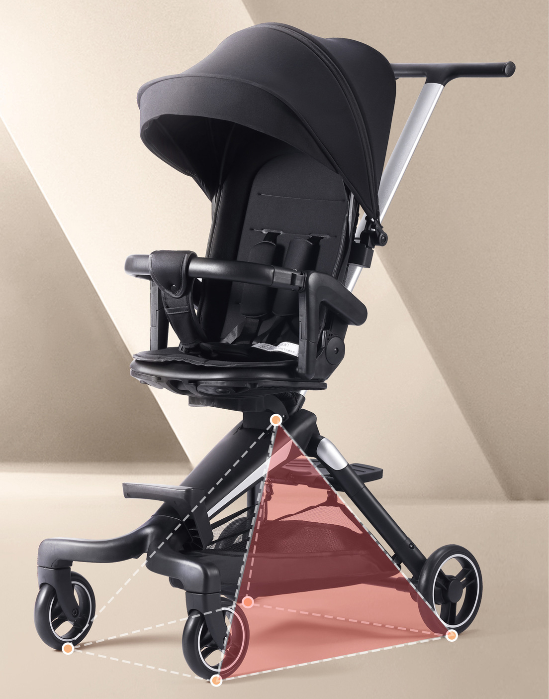 Xe đẩy du lịch gấp gọn 4 bánh, thiết kế Đức, 2 chiều ngả lưng 3 tư thế, ghế xoay 360 độ