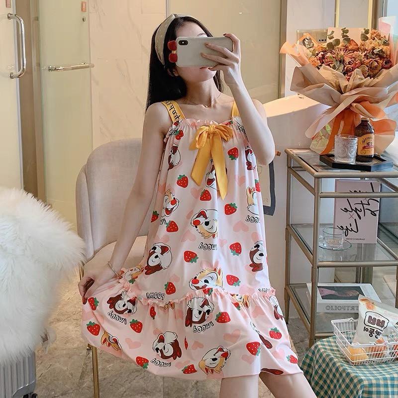 Váy Ngủ Nữ 2 dây dáng suông _ Đầm ngủ 2 dây chất thun sữa mềm mát cho mùa hè kết hợp họa tiết dễ thương V28444