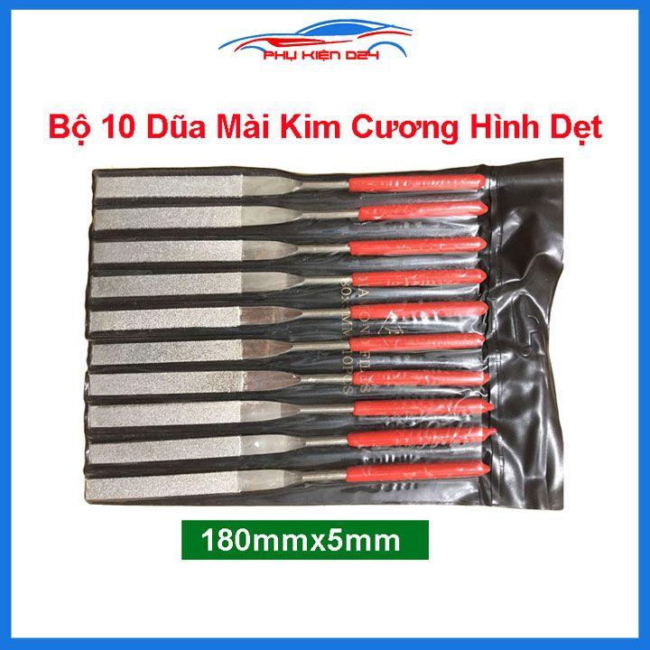 Bộ 10 đầu mài kim cương dũa kim loại 180x5mm mũi tùy chọn tam giác, dẹt, lòng mo, tròn