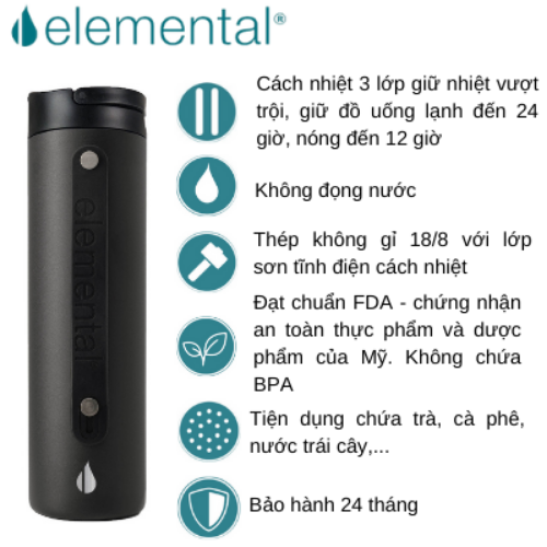 Bình giữ nhiệt Elemental Iconic sport màu đen 590ml, giữ nhiệt vượt trội, inox 304, FDA Hoa Kì, An toàn sức khỏe