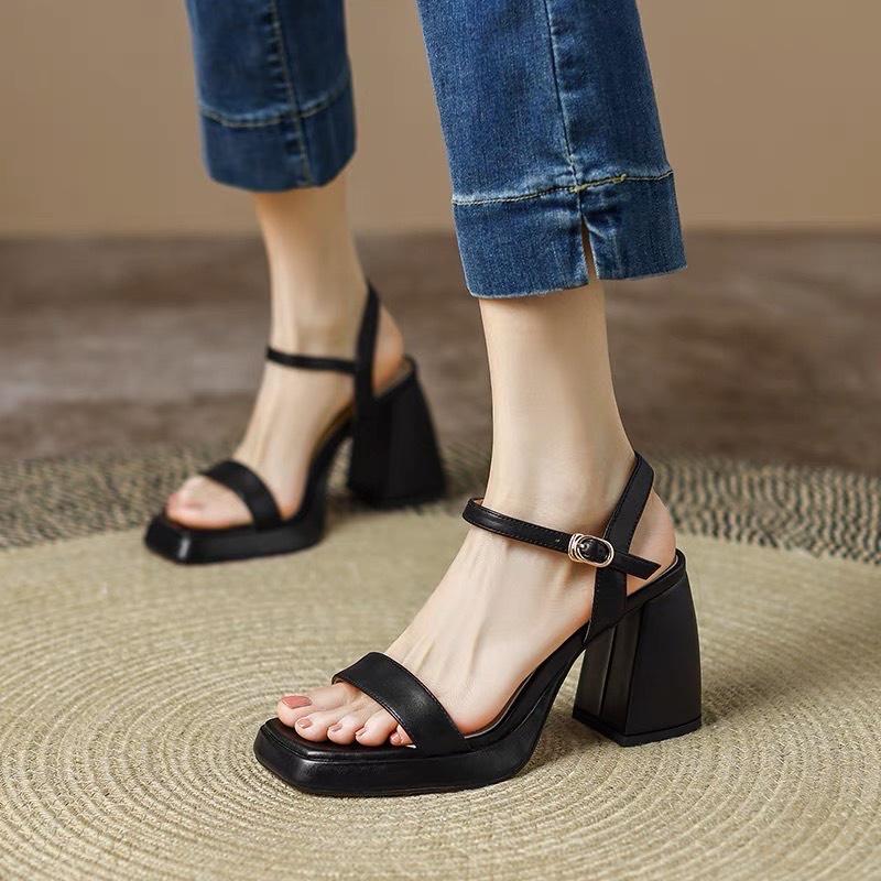 Sandal da mịn quai ngang đế đúp trước gót trụ vuông to - 9P