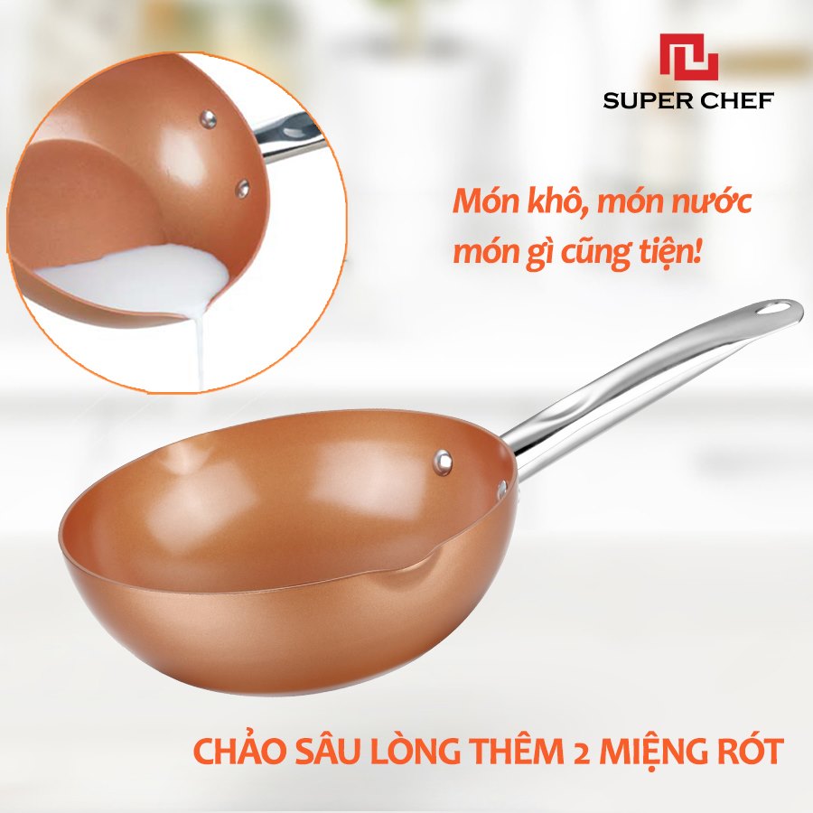 Chảo Chống Dính Ceramic Sâu Lòng 2 Miệng Rót Super Chef Đảm Bảo Sức Khỏe, Siêu Bề Bỉ Không Bong Tróc, Siêu Tiện Lợi ( size 20-24cm)