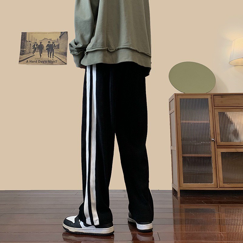 Quần ống rộng chất Nhung Gân cao cấp - Quần thể thao unisex dày dặn phong cách Ulzzang phối 2 sọc siêu hack dáng