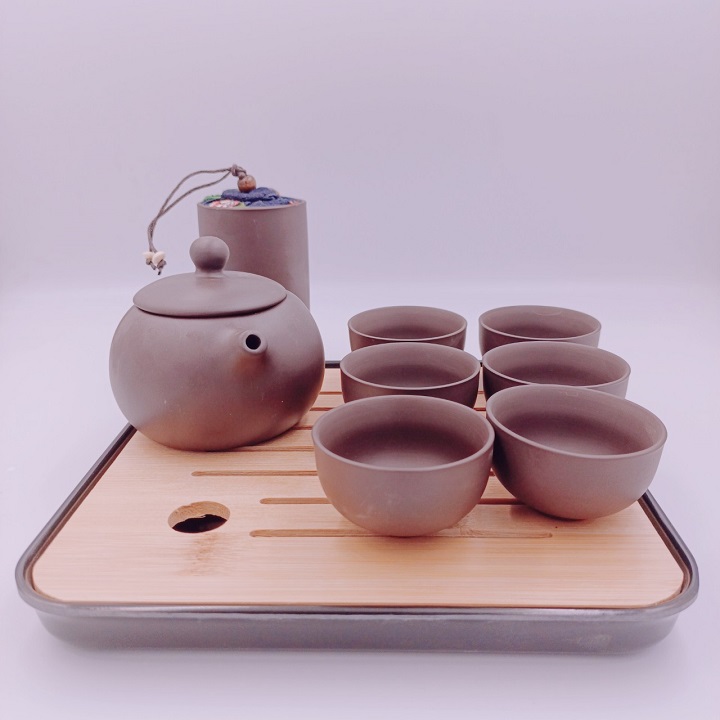 Bộ Bình Trà Tử Sa Tráng Men Mờ Có Túi Đựng Đi Du Lịch Tiện Lợi Gồm 1 Ấm Trà, 6 Tách, 1 Khay Trà