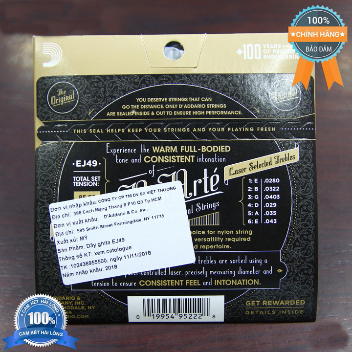 Bộ dây đàn Guitar Classic/ Classical Guitar String Set - D'Addario EJ49 - Pro-Arte Nylon Core, Normal Tension, Silverplated Wound, Black Nylon - Hàng chính hãng