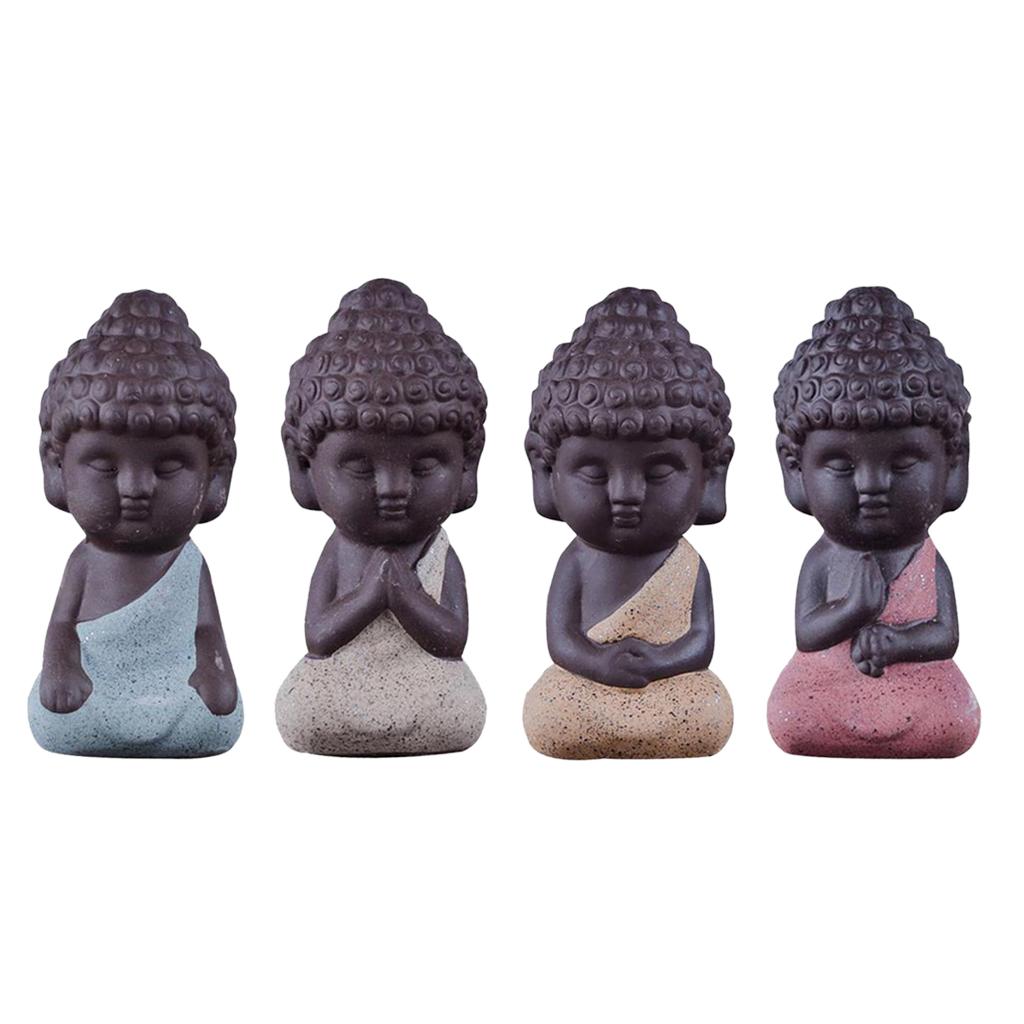 4pcs Little Monk Buddha Ceramic Statues Holder Tea Pet Home Tea Tray Decor