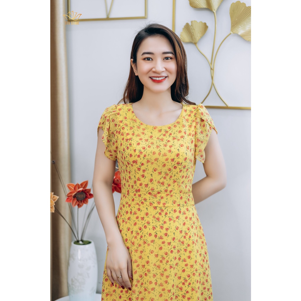 Đầm form A trung niên TTV1218 TTV Store Cổ tròn tay búp đi chơi đi tiệc Vàng hoa đỏ sang trọng
