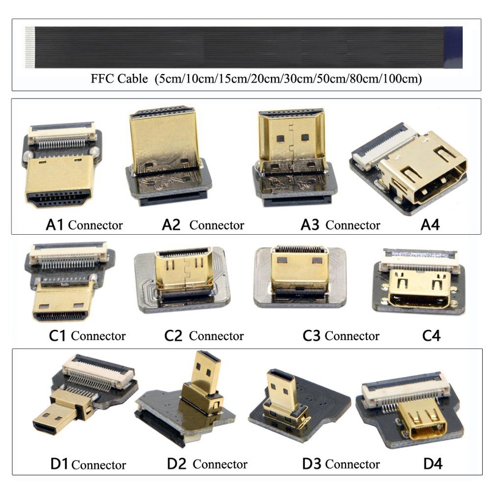 Tương thích với HDMI, FPV HDMI ffc HDMI Ribbon Cable 90 độ Mini/Micro HDMI sang tiêu chuẩn HDMI PCB Connector 20pin fpv micro hdmi 5cm