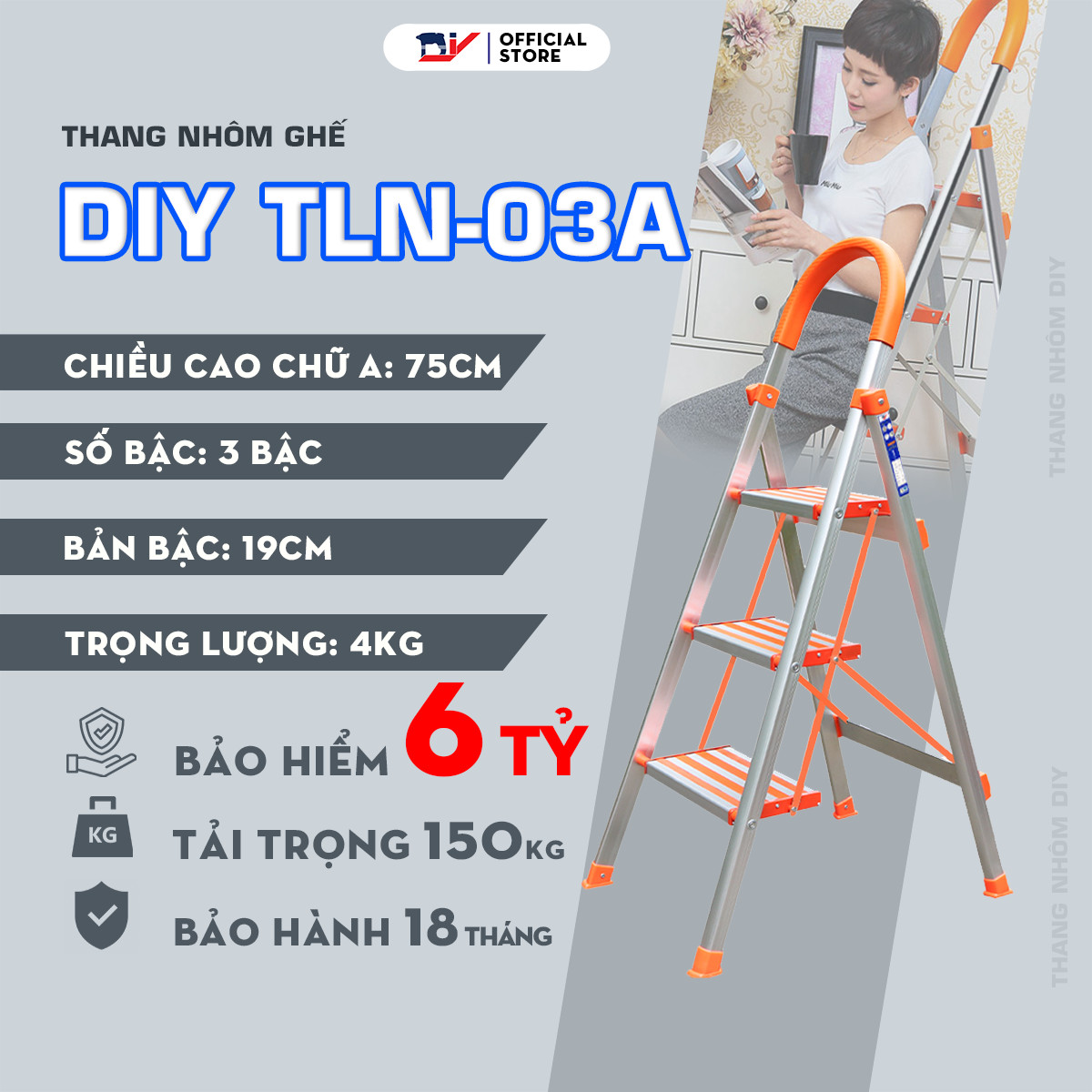 Thang nhôm ghế bản bậc rộng DIY TLN-03A 3 bậc, chiều cao sử dụng tối đa 75cm