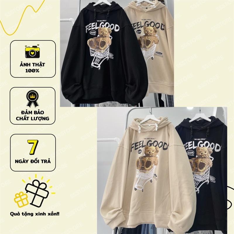Áo hoodie gấu màu đen + kem ảnh thật unisex