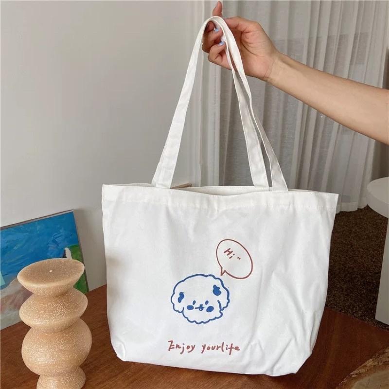 Túi Tote Túi Vải Canvas đeo vai Hình thú phong cách Hàn Quốc Cute có dây kéo và ngăn phụ