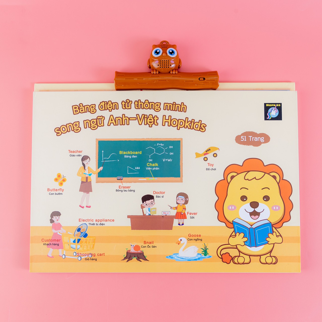 Bảng điện tử âm thanh 900 nút song ngữ Anh-Việt Hopkids 51 trang + 48 bài hát tiếng anh kèm sạc pin