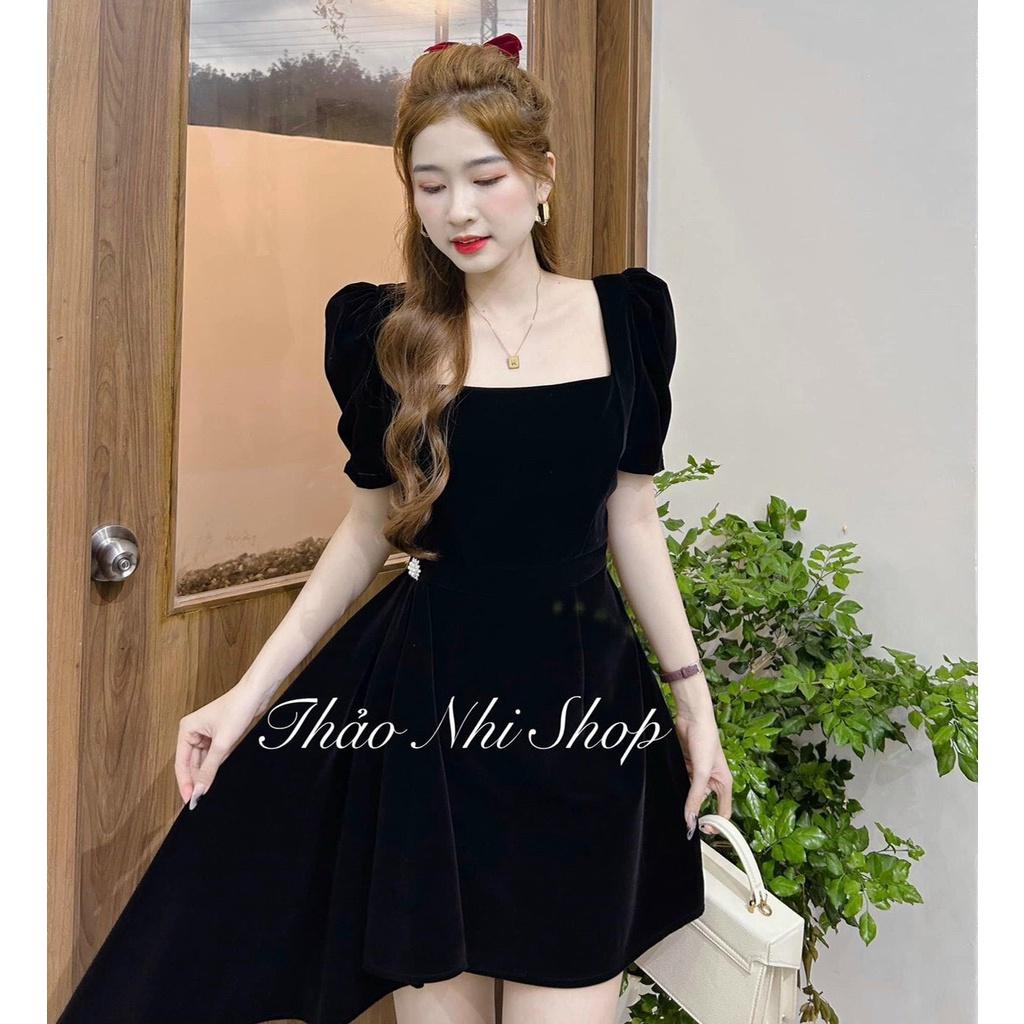 FREESHIP Đầm Váy Nữ Chất Vải Nhung Cứng Cổ Vuông Tay Phồng Phối Bèo Lai Thiết Kế Sang Chảnh KIMGIA DS
