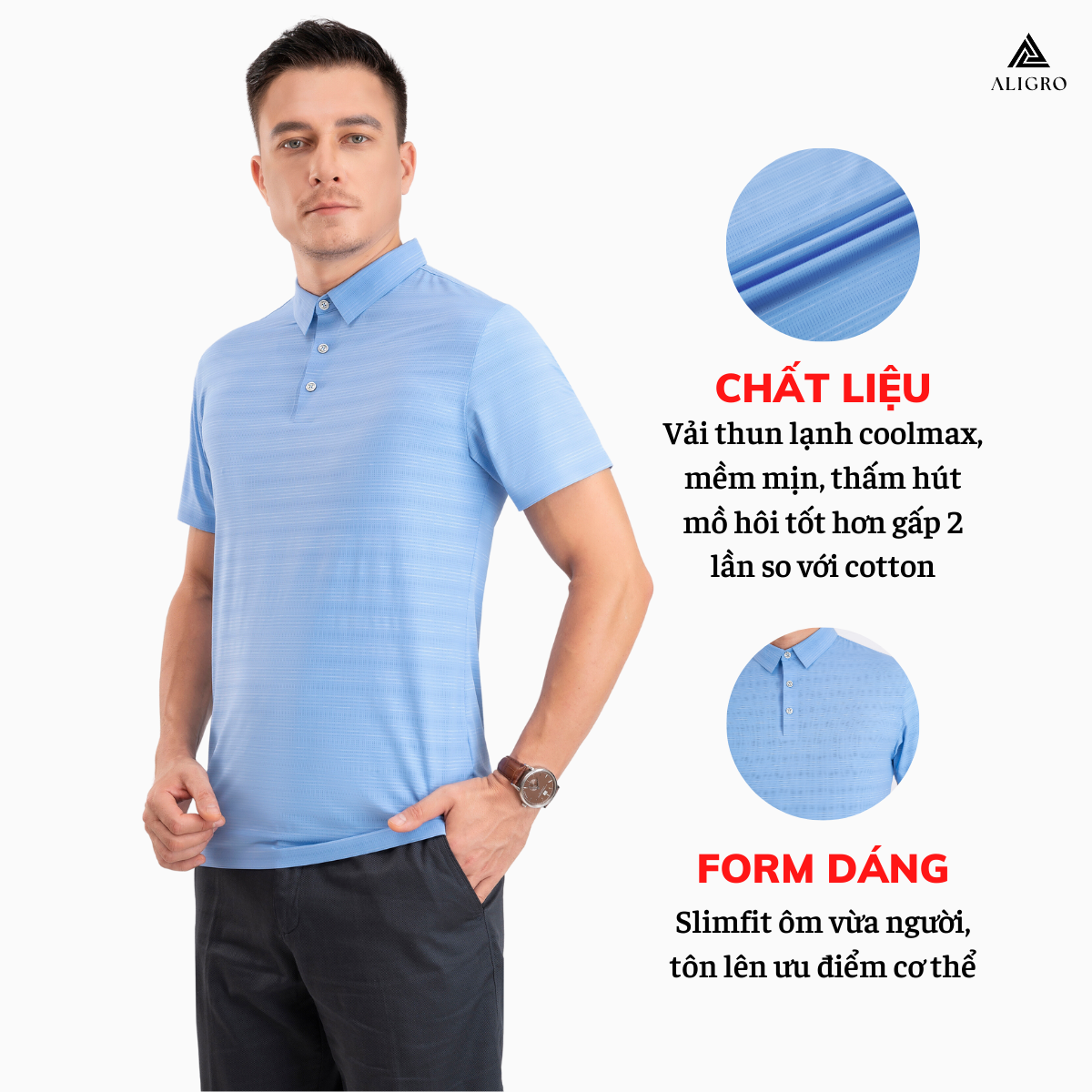 Áo polo golf nam ngắn tay ALIGRO chất vải coolmax kẻ ngang màu xanh blue năng động ALGPLO117