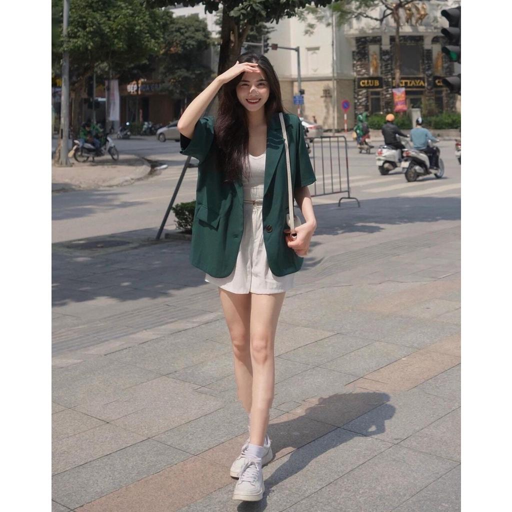 Blazer nữ cộc tay, tay ngắn, áo khoác blazer nữ 1 lớp tay lửng có đệm vai hàng thiết kế có size Junnie Closet