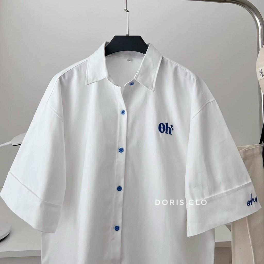 ÁO SƠ MI KIỂU FORM RỘNG THÊU LOGO OH SIÊU XỊN THỜI TRANG GENZ HOT HIT