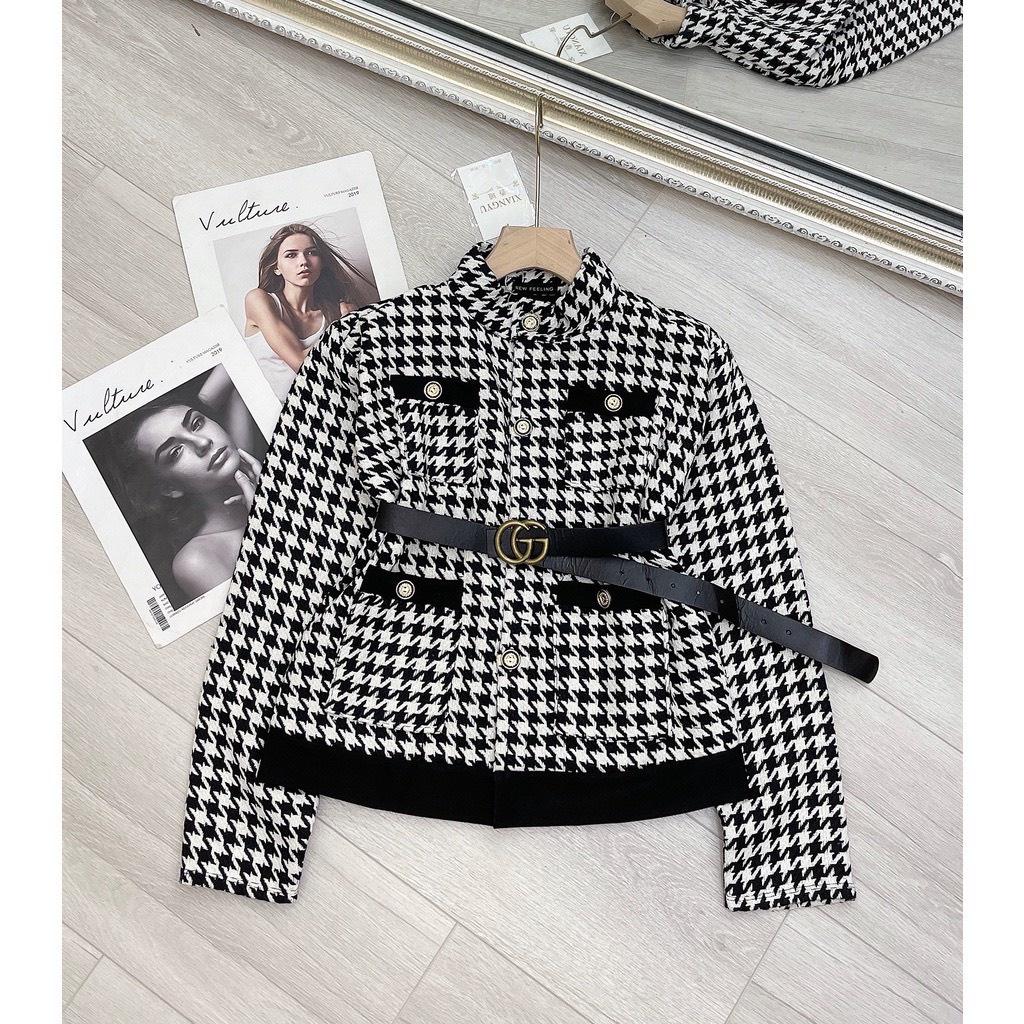 Áo dạ Tweed kẻ caro dáng ngắn tiểu thư áo cardigan dạ dày dặn( không kèm đai). MET SHOP