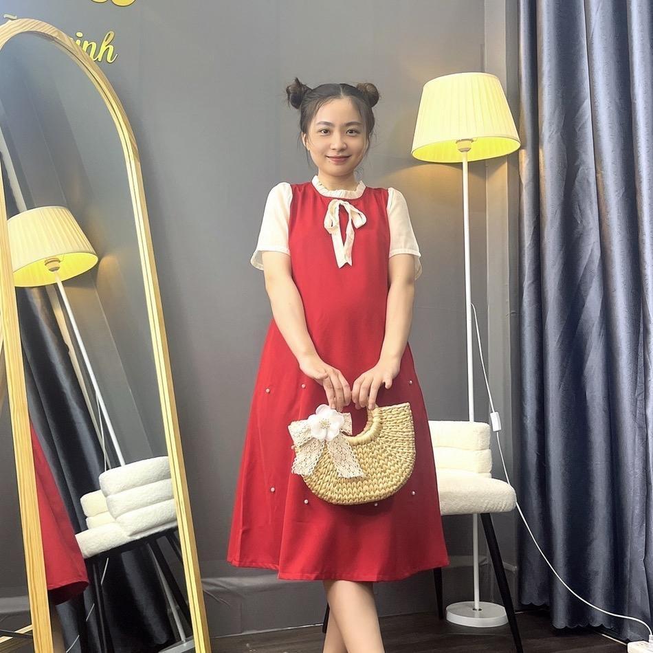 Đầm bầu cổ bèo thắt nơ đính hạt phom suông dễ thương gon dáng, mặc đi làm đi chơi - Đen
