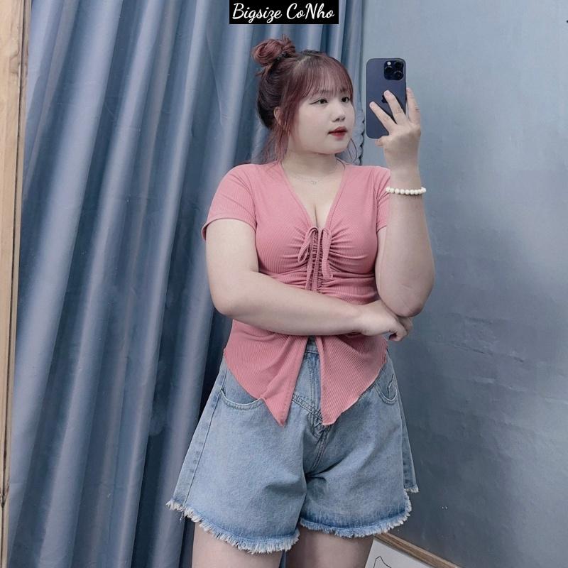 Áo thun croptop bigsize nữ tà nhọn cổ rút dây ở giữa tôn vòng một, Áo phông phom rộng chất gân tăm BIGSIZE CÔ NHỎ - G42