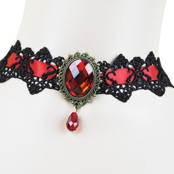 2-4pack Fashion Red Gem Pendant Lace Collar Necklace Choker Chunky Red Black
